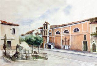 Grottaminarda - Chiesa del Carmine prima del terremoto del 1962 Acquerello su carta. Autore: Giuseppe Inglese